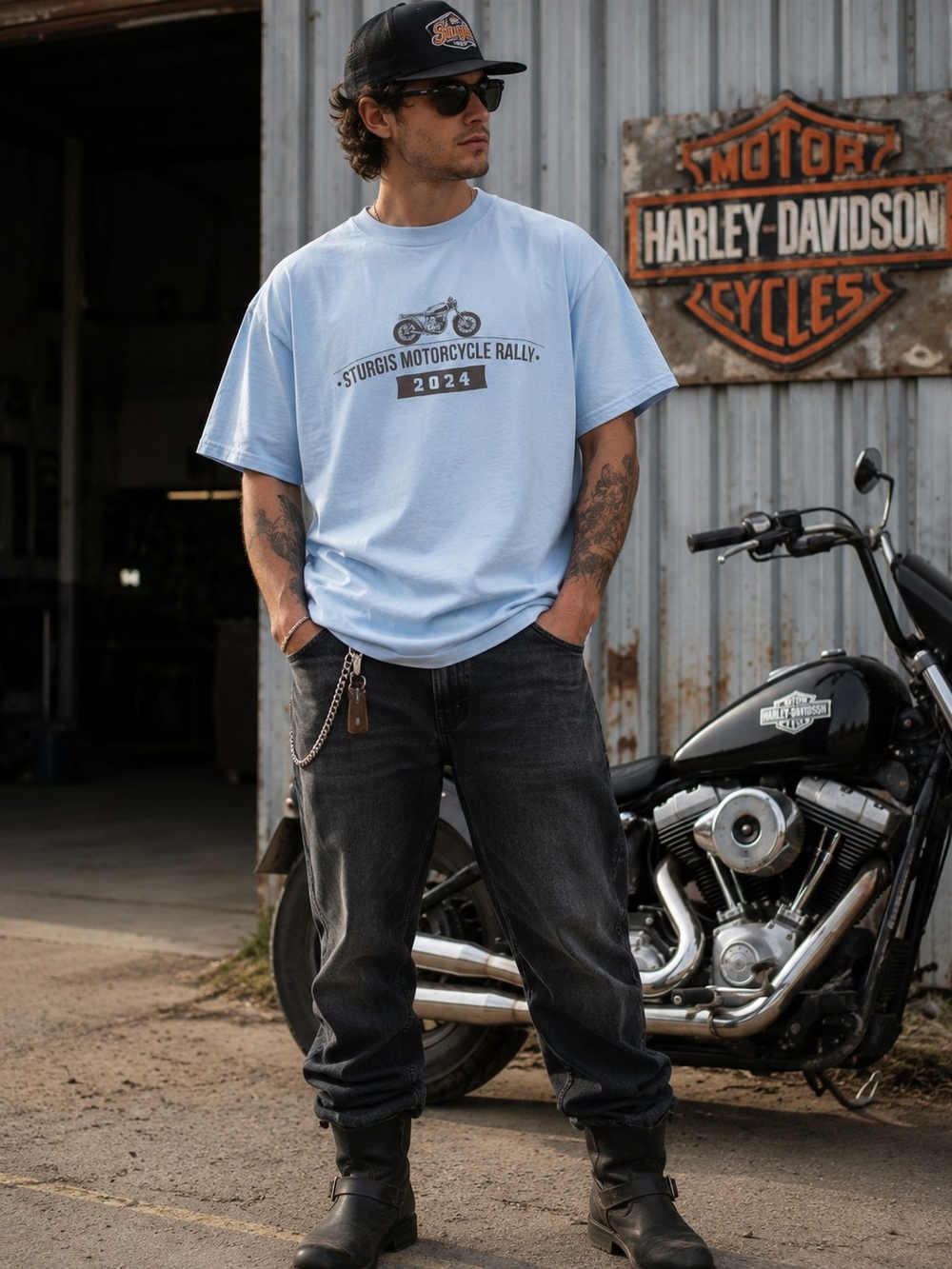 Sturgis Motorcycle Rally 2024 Light Blue Graphic Tee XL Oversized Biker American
